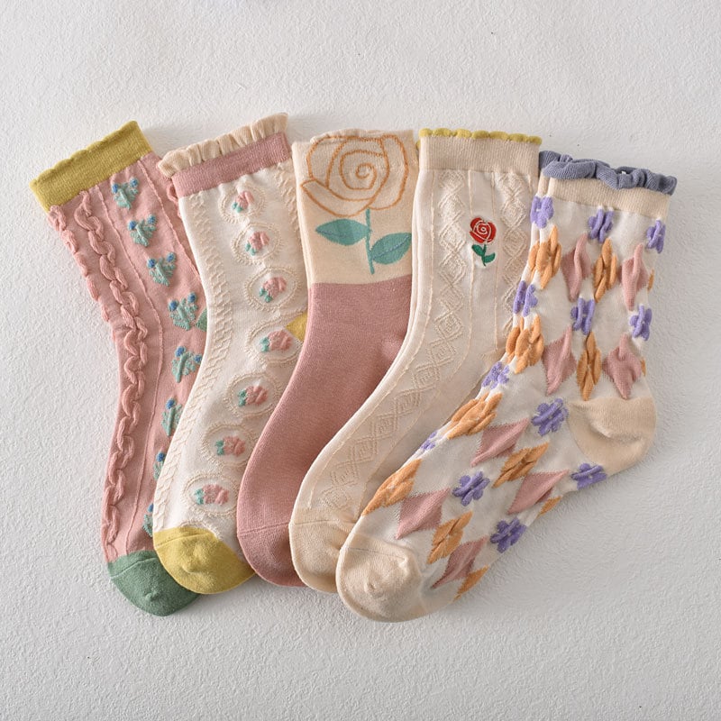 49%OFF-5 pairs of women's pink floral cotton socks