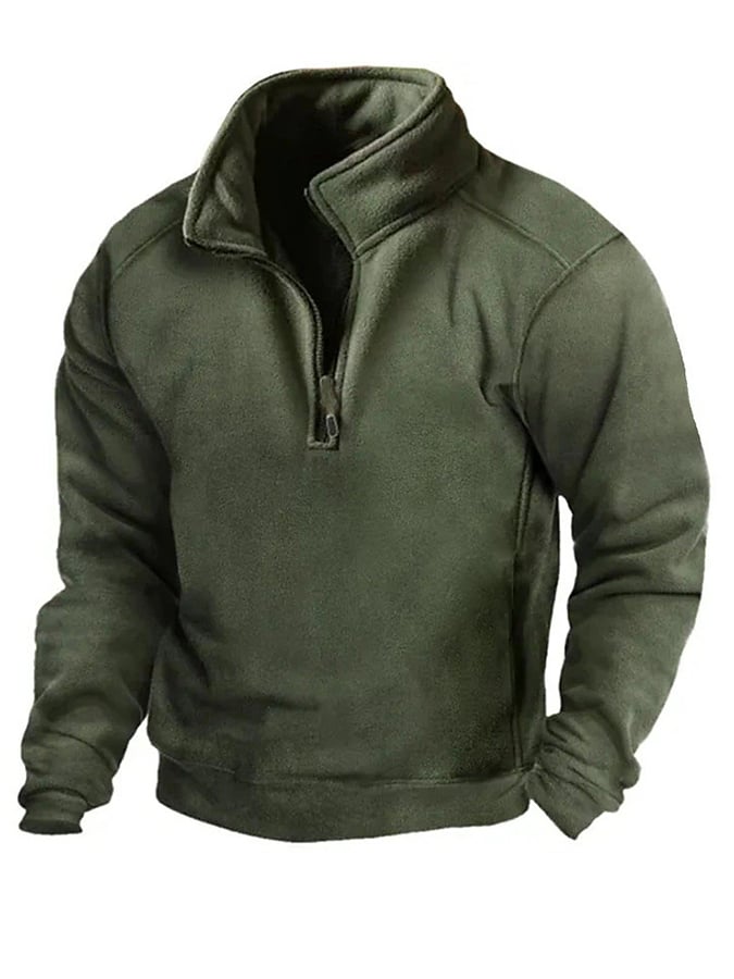 Western Style Stand Collar Zipper Solid Color Men's Sweatshirt