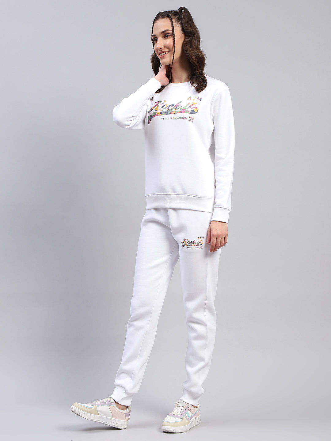 Women White Printed Round Neck Full Sleeve Tracksuit