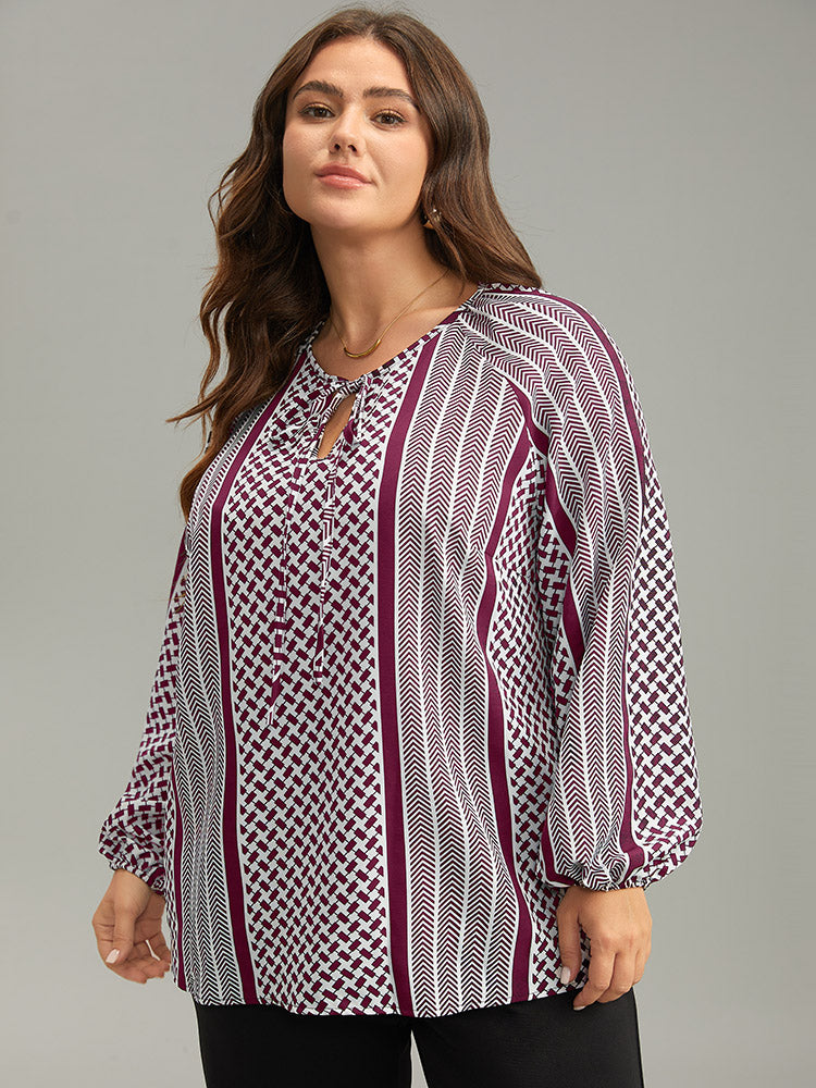 Geo Striped Tie Lantern Sleeve Blouse