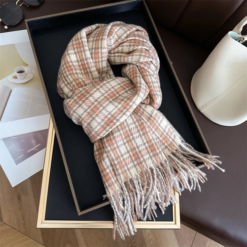 Retro Cashmere-like Plaid Warm Shawl Scarf Unisex Autumn And Winter Fashion All-Matching Tassel Scarf