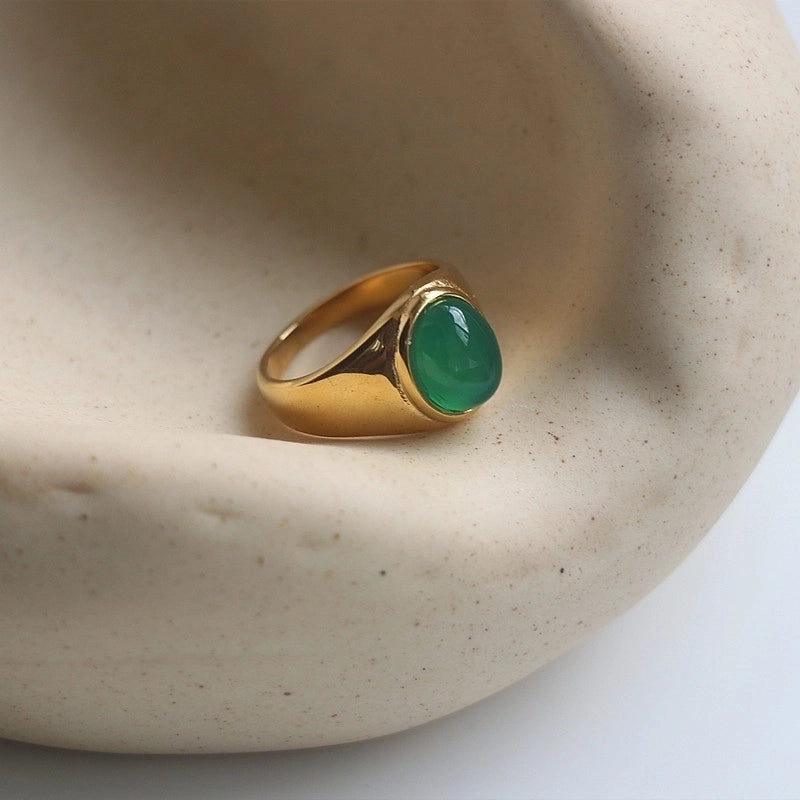 Retro Oval Stainless Steel Plating Inlay Agate 18k Gold Plated Rings