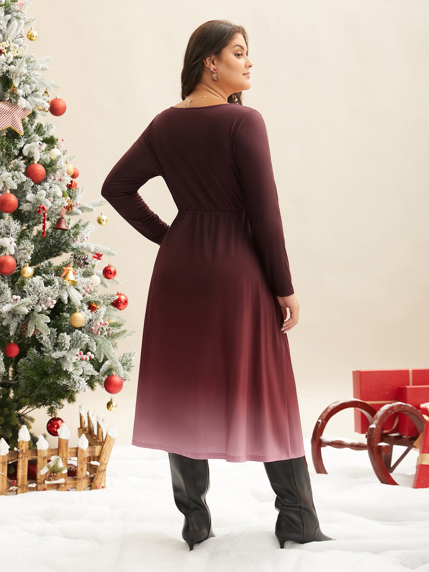 Heart Neckline Drawstring Gradient Midi Dress