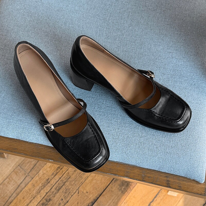Women's Genuine Leather Mary Jane Pumps 65mm Block Heel in Brown/Black