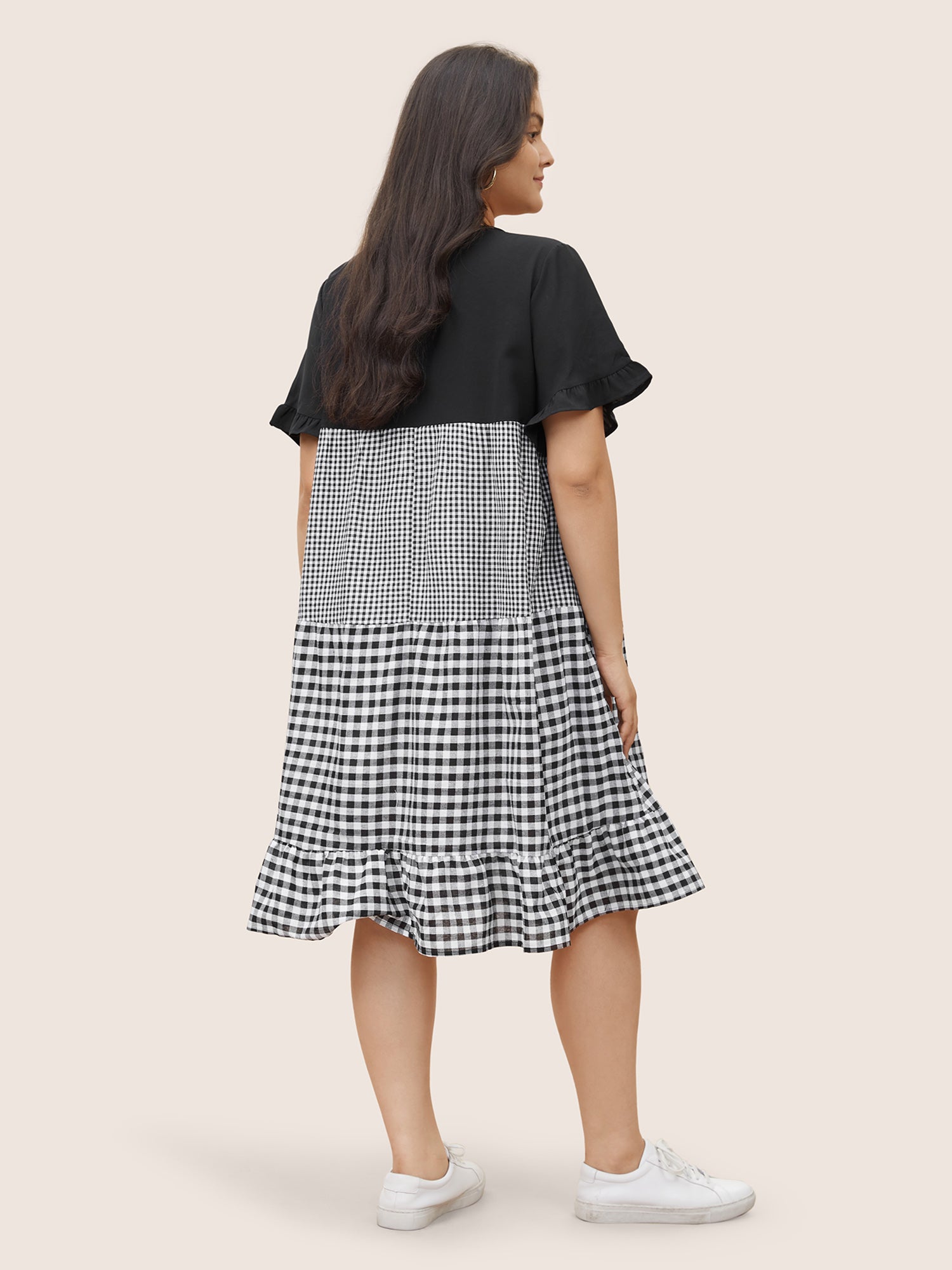 Gingham Patchwork V Neck Pocket Ruffles Dress