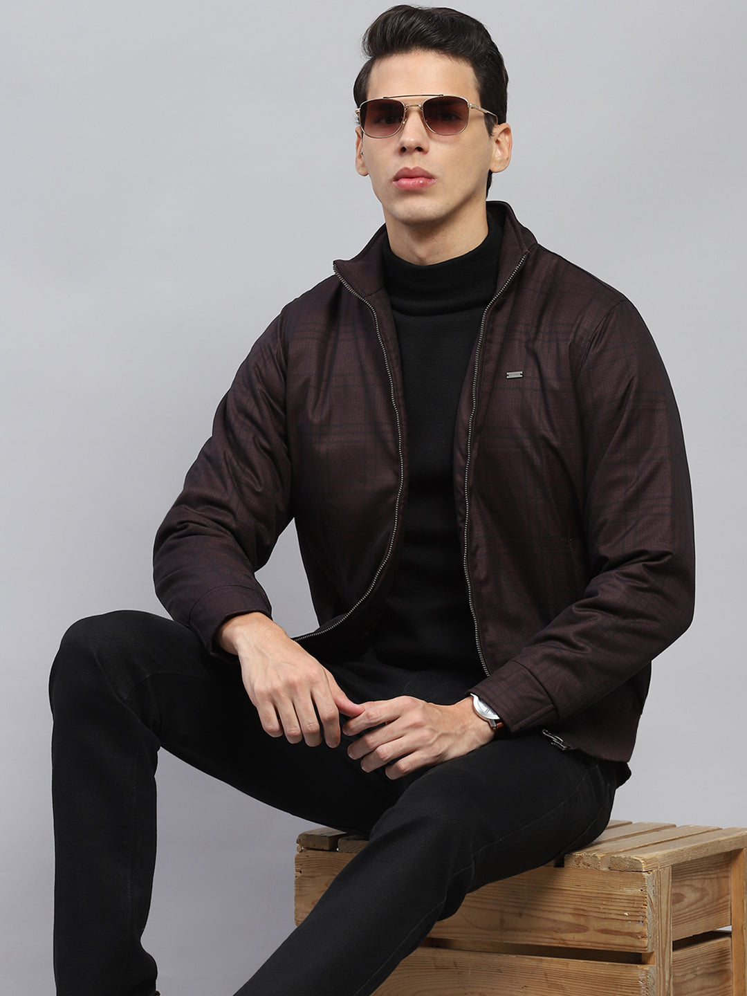 Men Maroon Self Design Mock Neck Full Sleeve Jacket