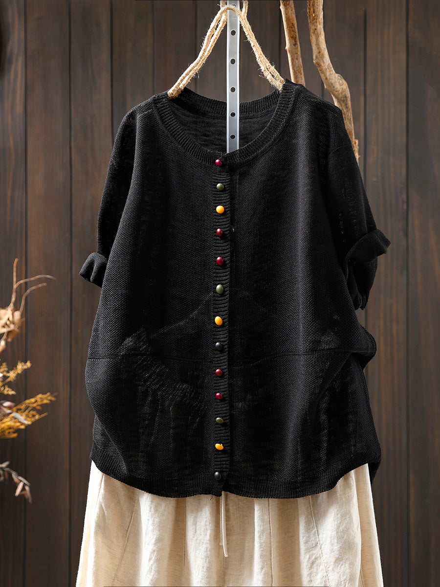 Women Summer Casual Colorful Button Knitted O-Neck Shirt
