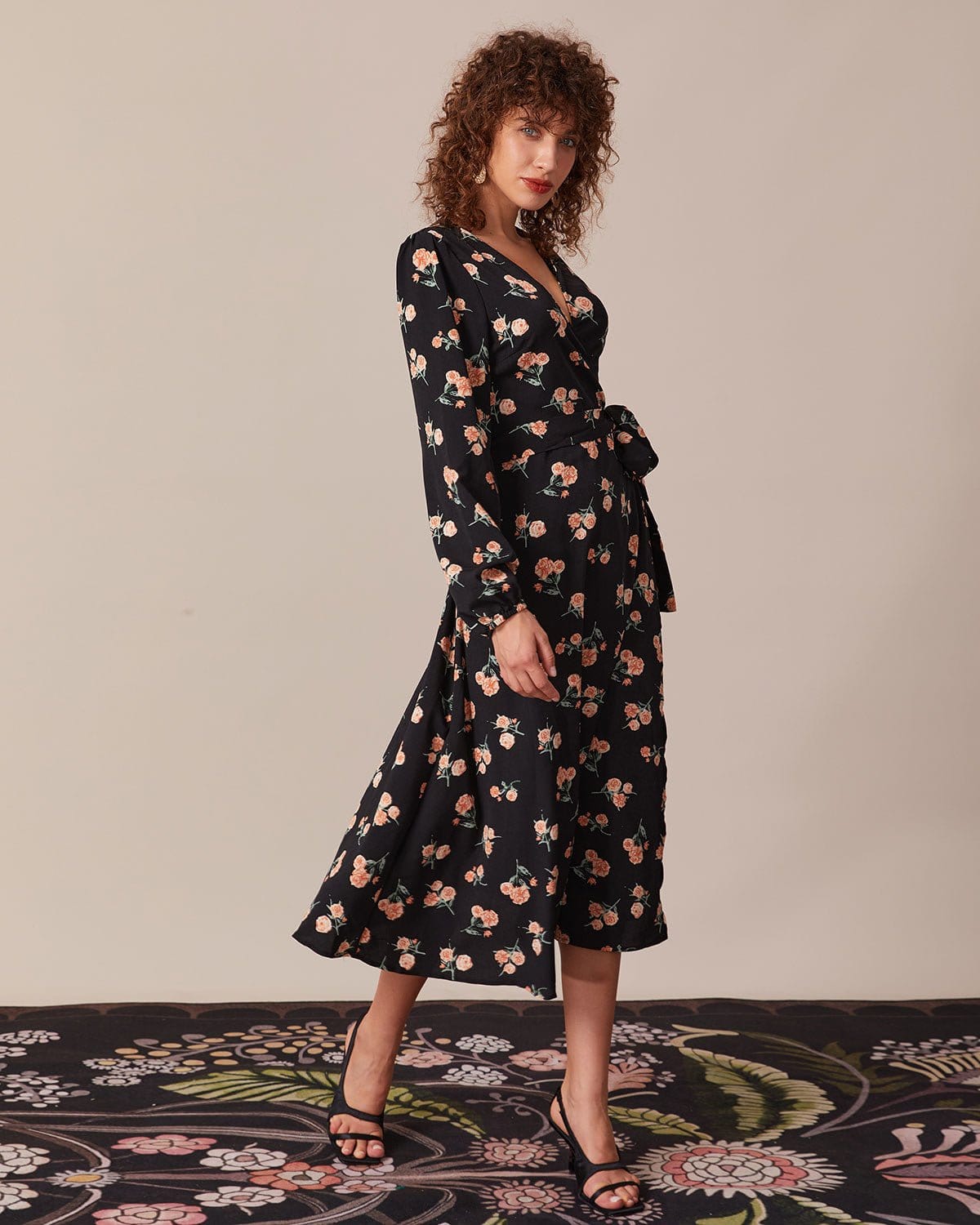 The Black V Neck Floral Wrap Midi Dress