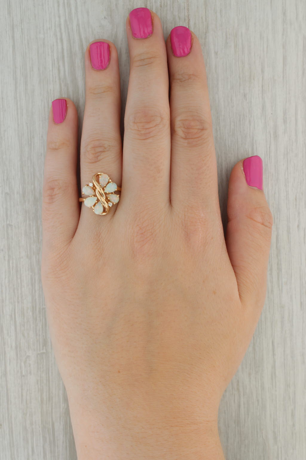 Opal Diamond Cluster Ring 14k Yellow Gold Size 10 Pear Cabochons