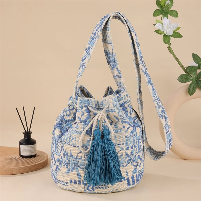 Women's Medium Canvas Geometric Ethnic Style Bucket Open Bucket Bag