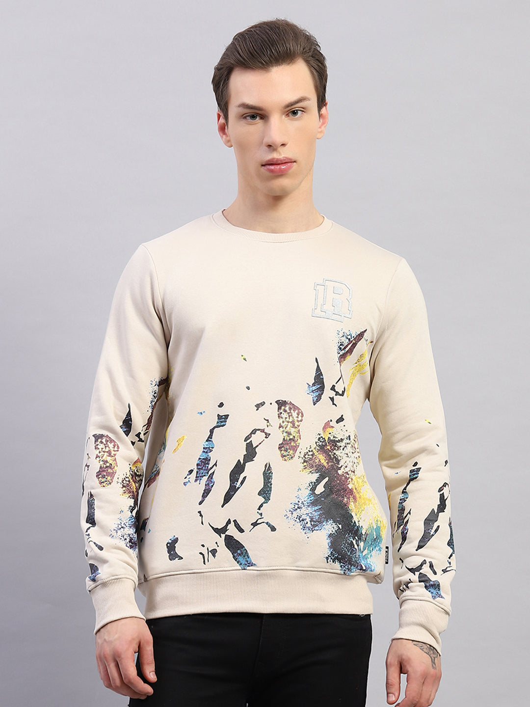 Men Beige Printed Round Neck Full Sleeve Sweatshirt