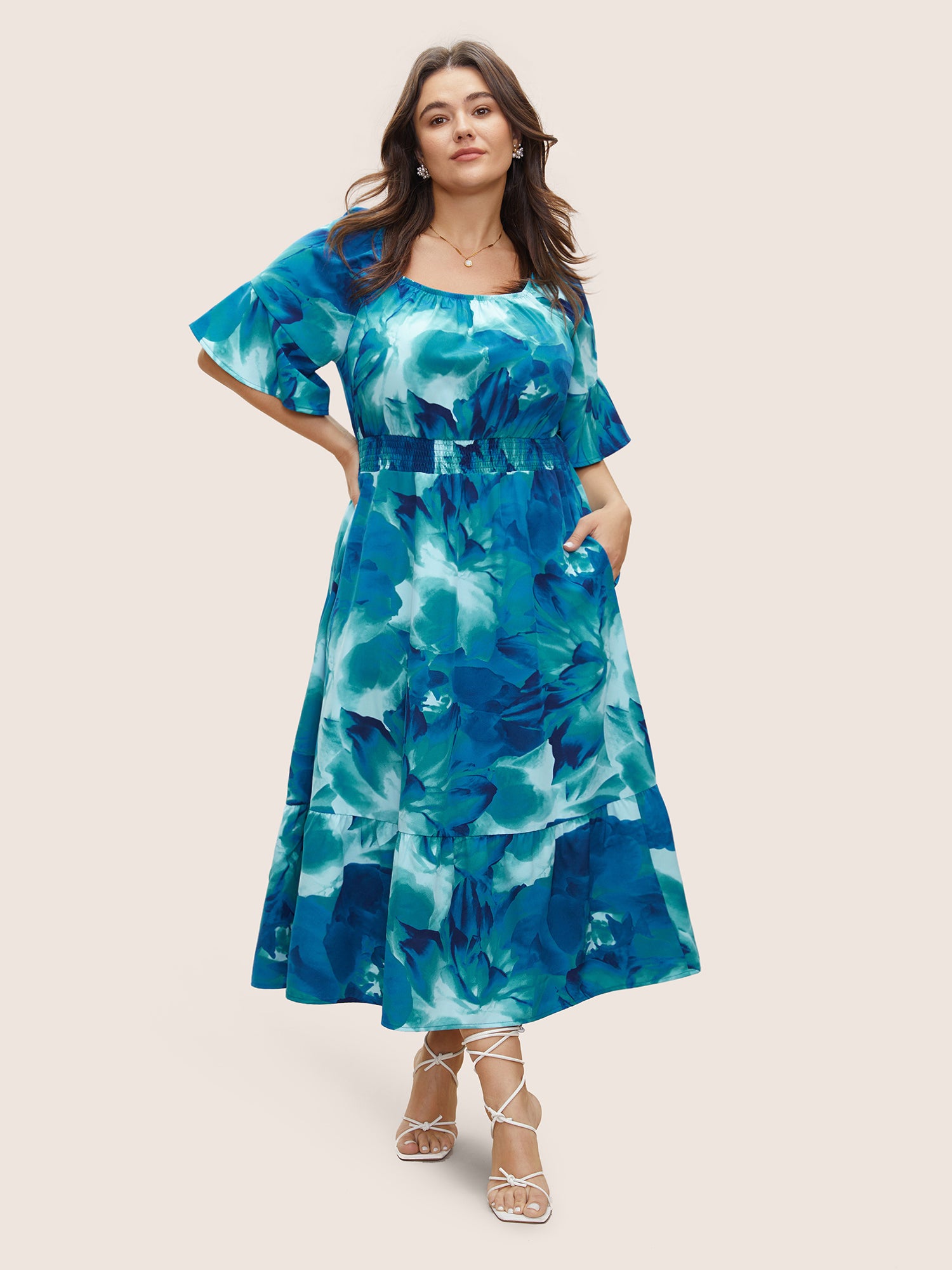 Square Neck Floral Shirred Gathered Ruffle Sleeve Dress