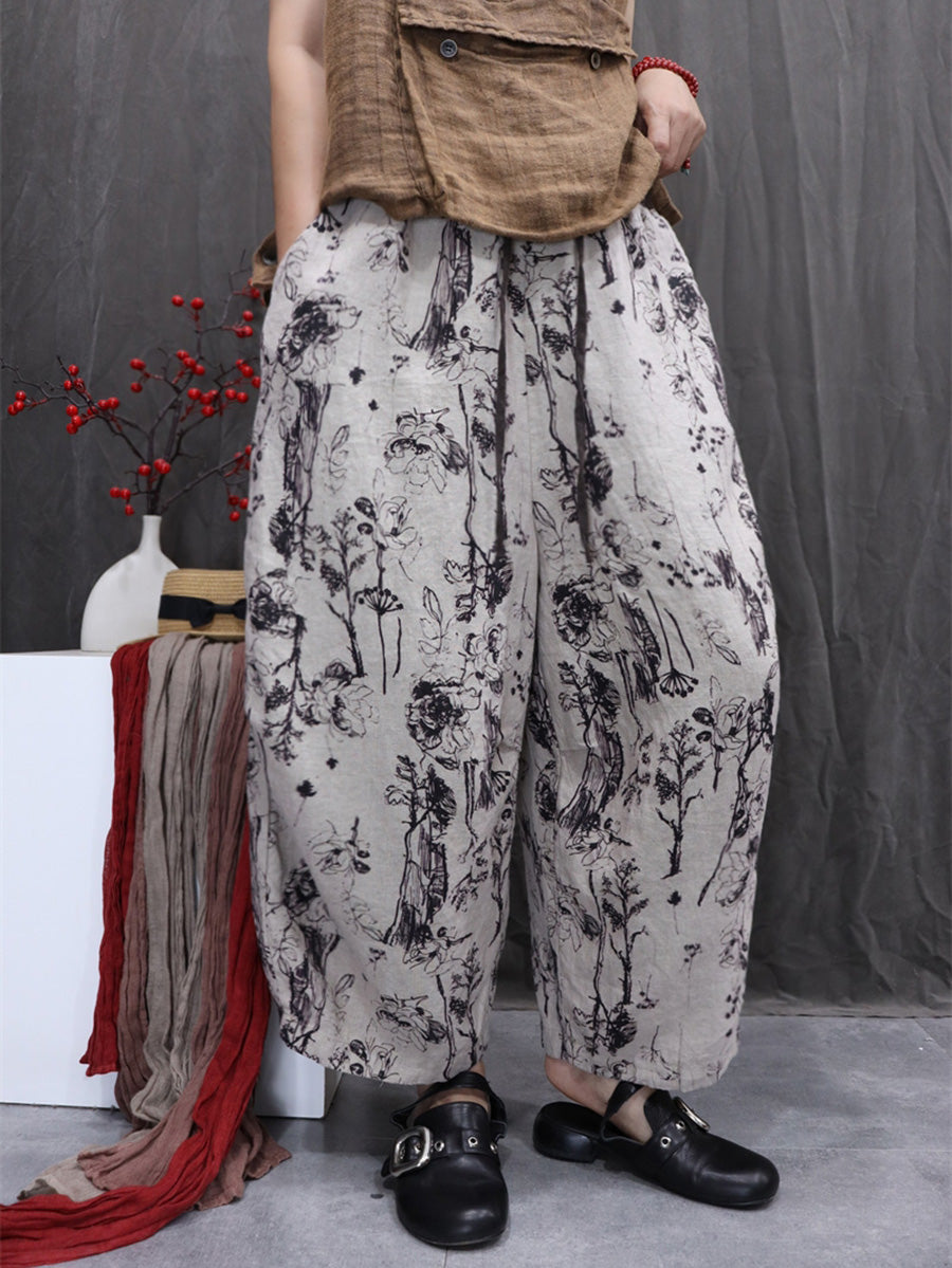 Women Artsy Summer Flower 100%Linen Harem Pants