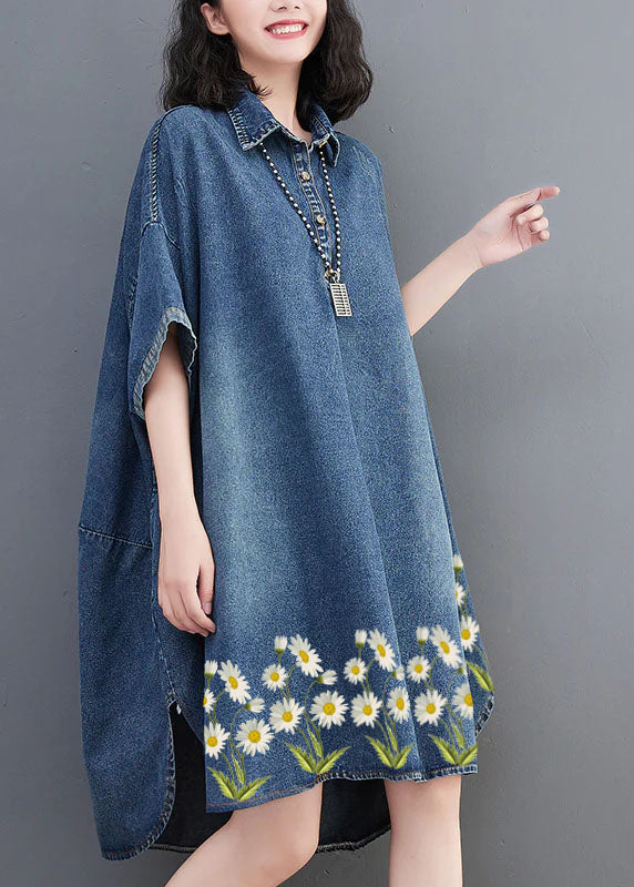 Loose Blue Button Side Open Maxi Denim Dress Summer