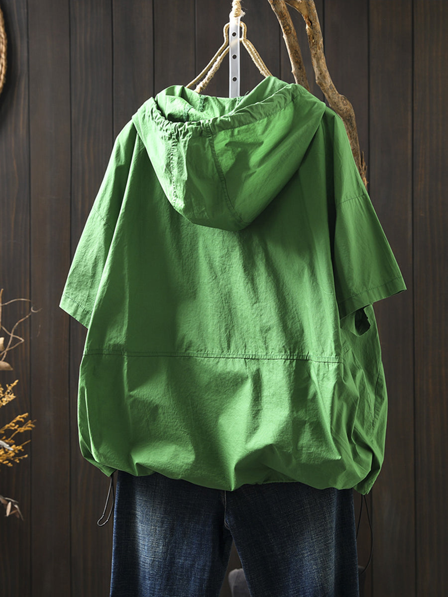 Women Summer Casual Pure Color Hooded Cotton Shirt