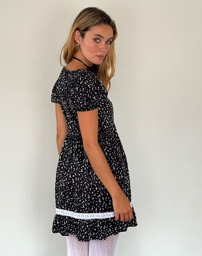 Beling Mini Tea Dress in Black Ditsy Romance