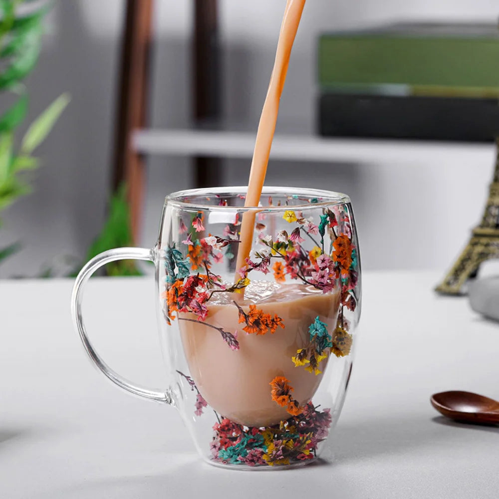 DRIED FLOWER DOUBLE WALL GLASS MUG - 350ML