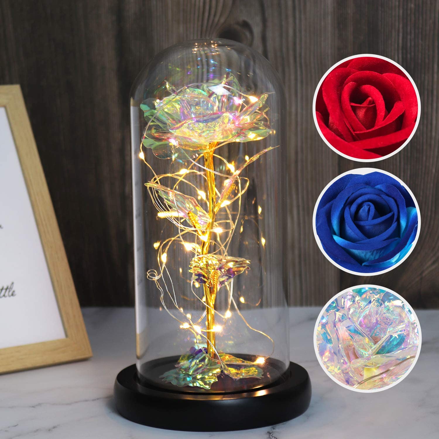 Rose That Lasts Forever in a Glass Dome with Led Lights.Gift for Mothers Day Valentine's Day Birthday Party Wedding Anniversary