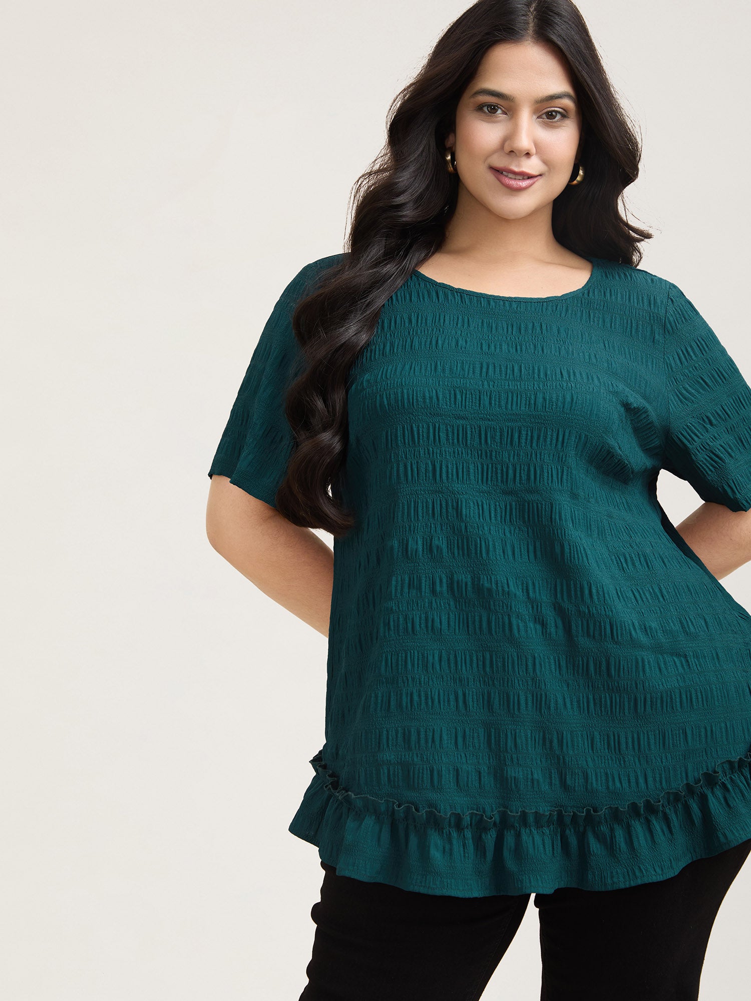 Textured Spliced Ruffle Edge Top