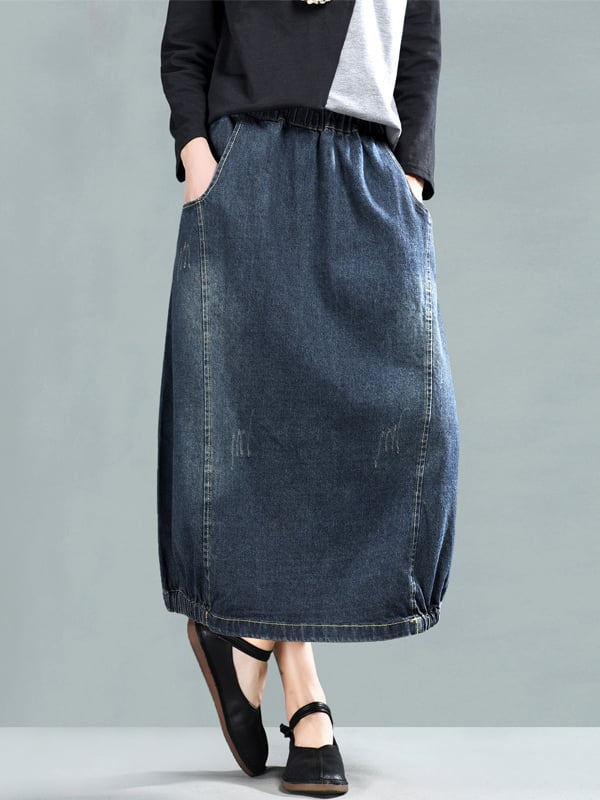 Vintage Loose A-Line Elasticity Solid Color Skirts Bottoms