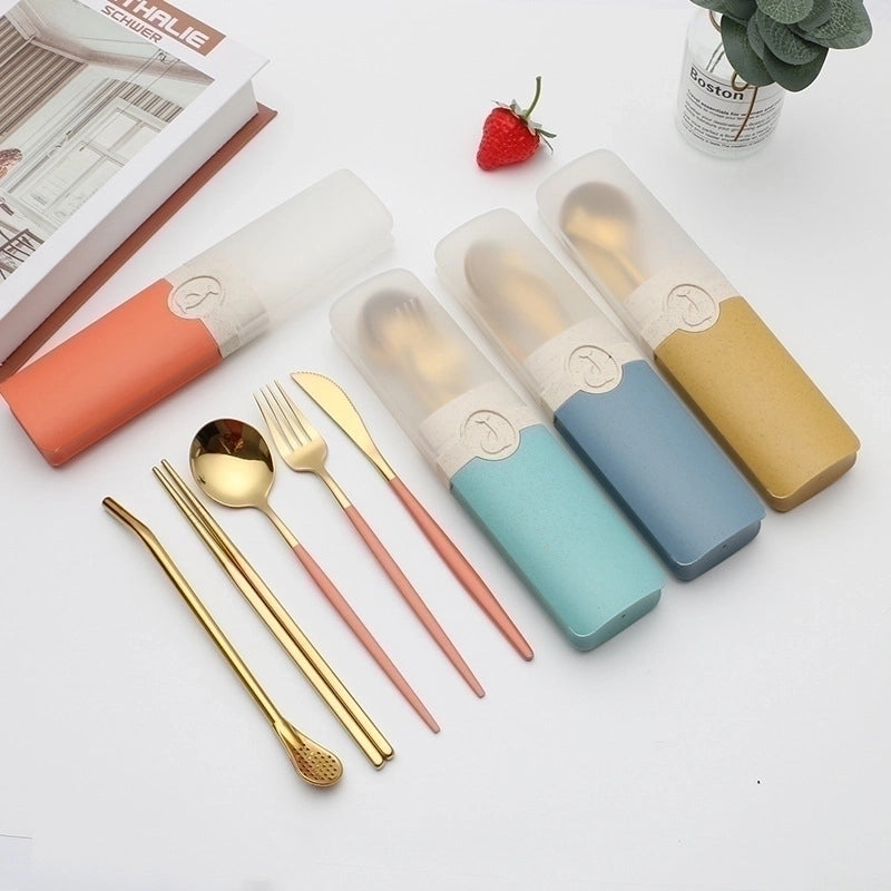 Retro Pastoral Color Block Stainless Steel Spoon Fruit Knife Fruit Fork 1 Set