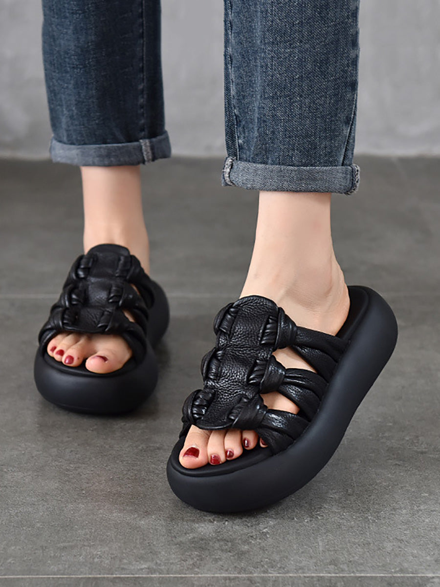 Women Summer Casual Leather Weave Platform Slippers