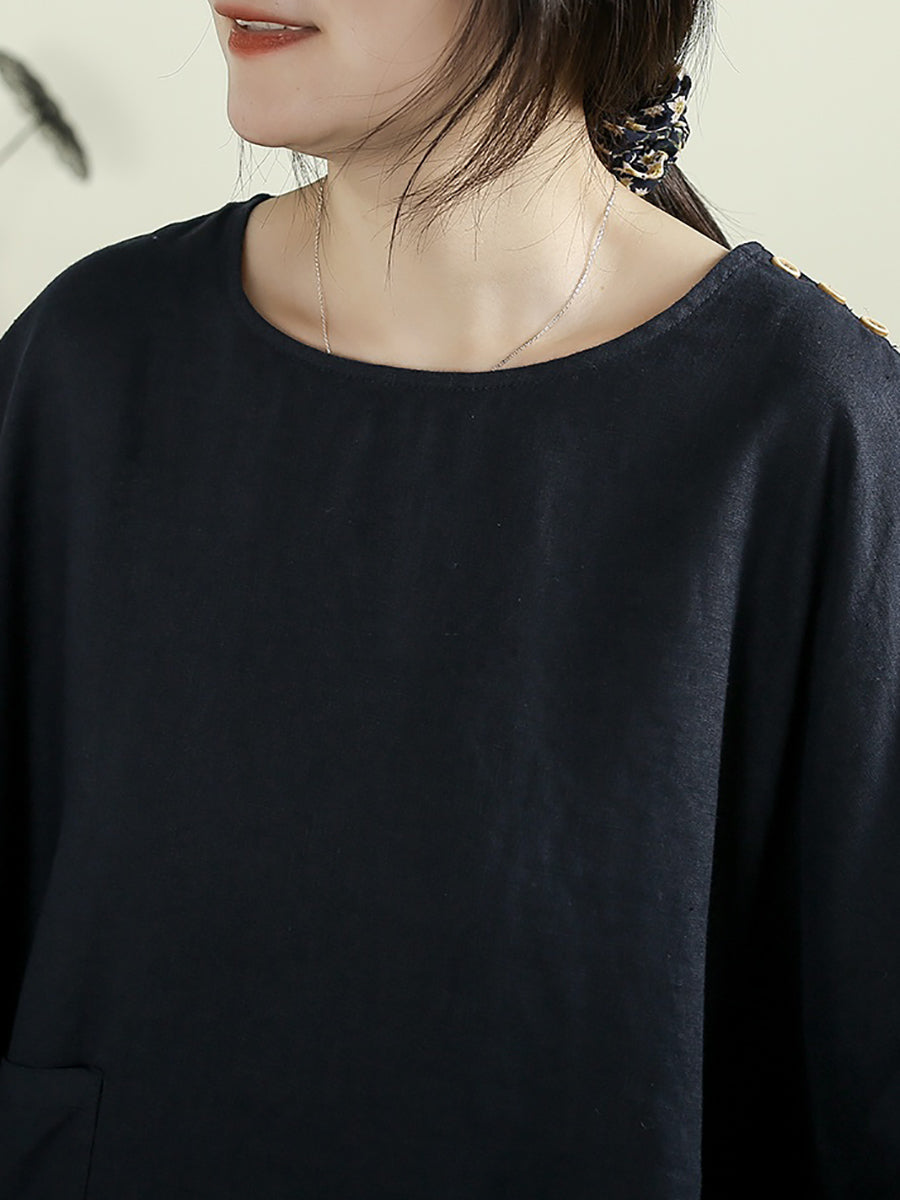 Women Summer Vintage Pure Color O-neck 100%Linen Shirt