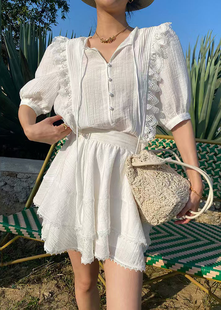 Art White Lace Up Lace Shirts And Skirts Cotton Two-Piece Set Summer