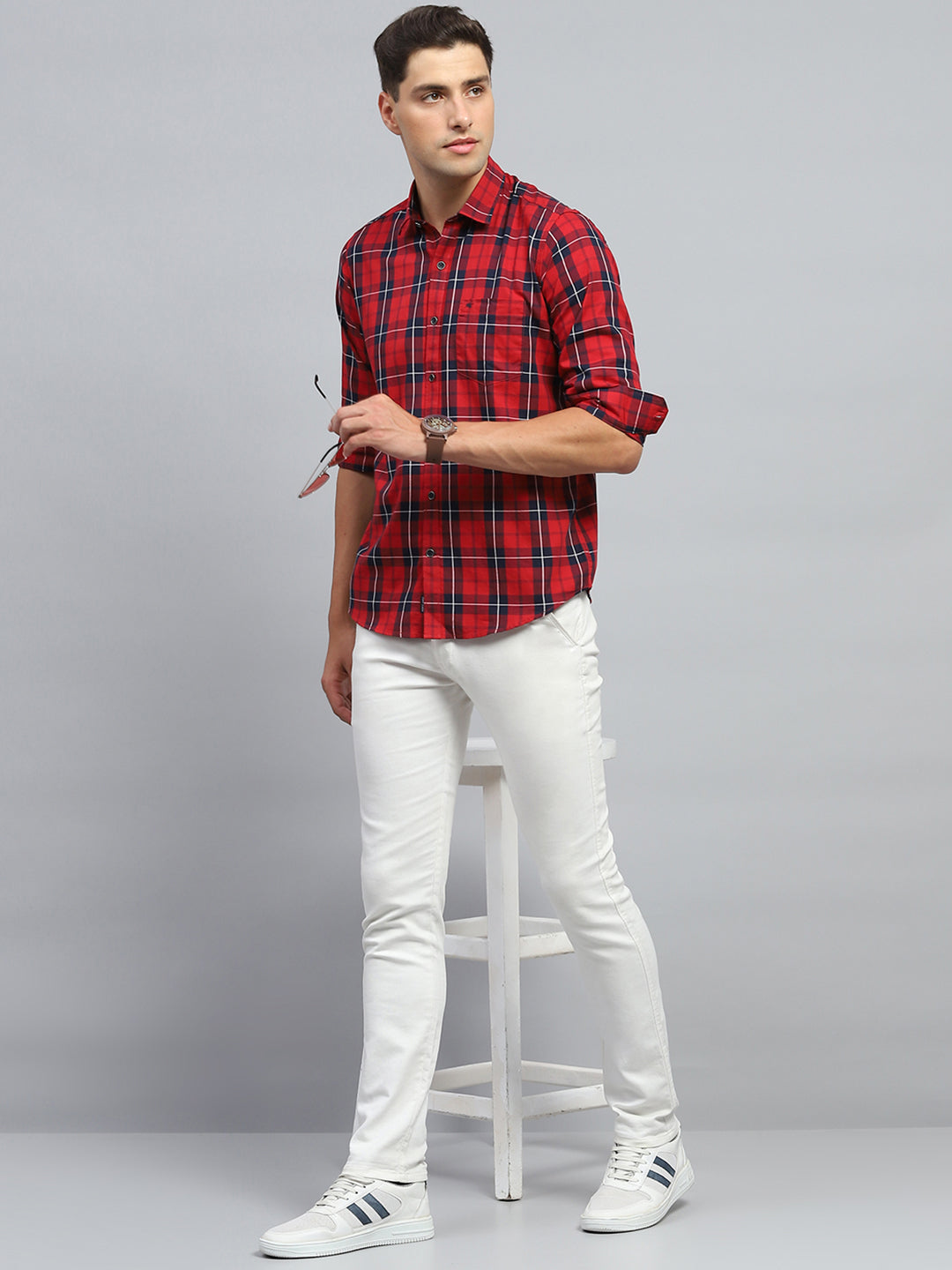 Men Red Check Collar Full Sleeve Shirt