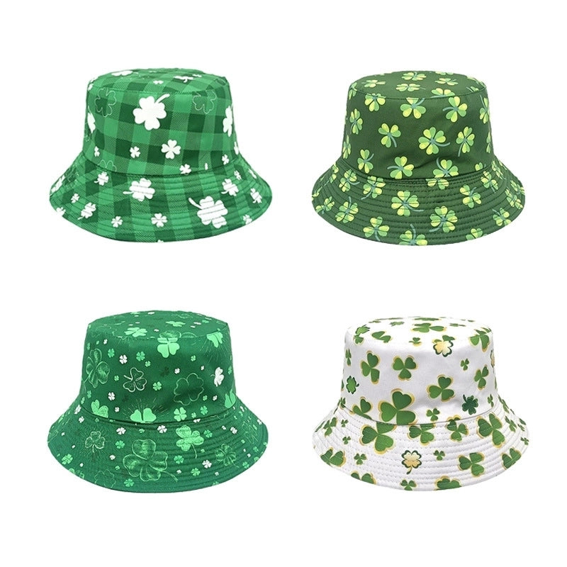Unisex Retro Four Leaf Clover Printing Wide Eaves Bucket Hat