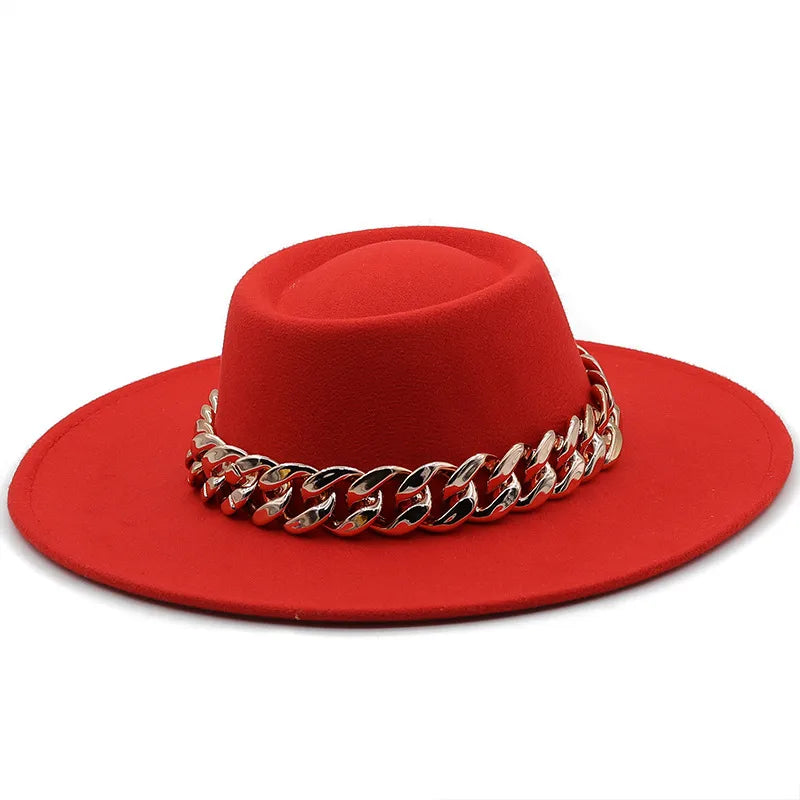 New Retro Ethnic Style 9.5 Brim Wool Woolen Felt Hat Concave Top Men's And Women's Top Hat Large Brim Thick Gold Chain Hat