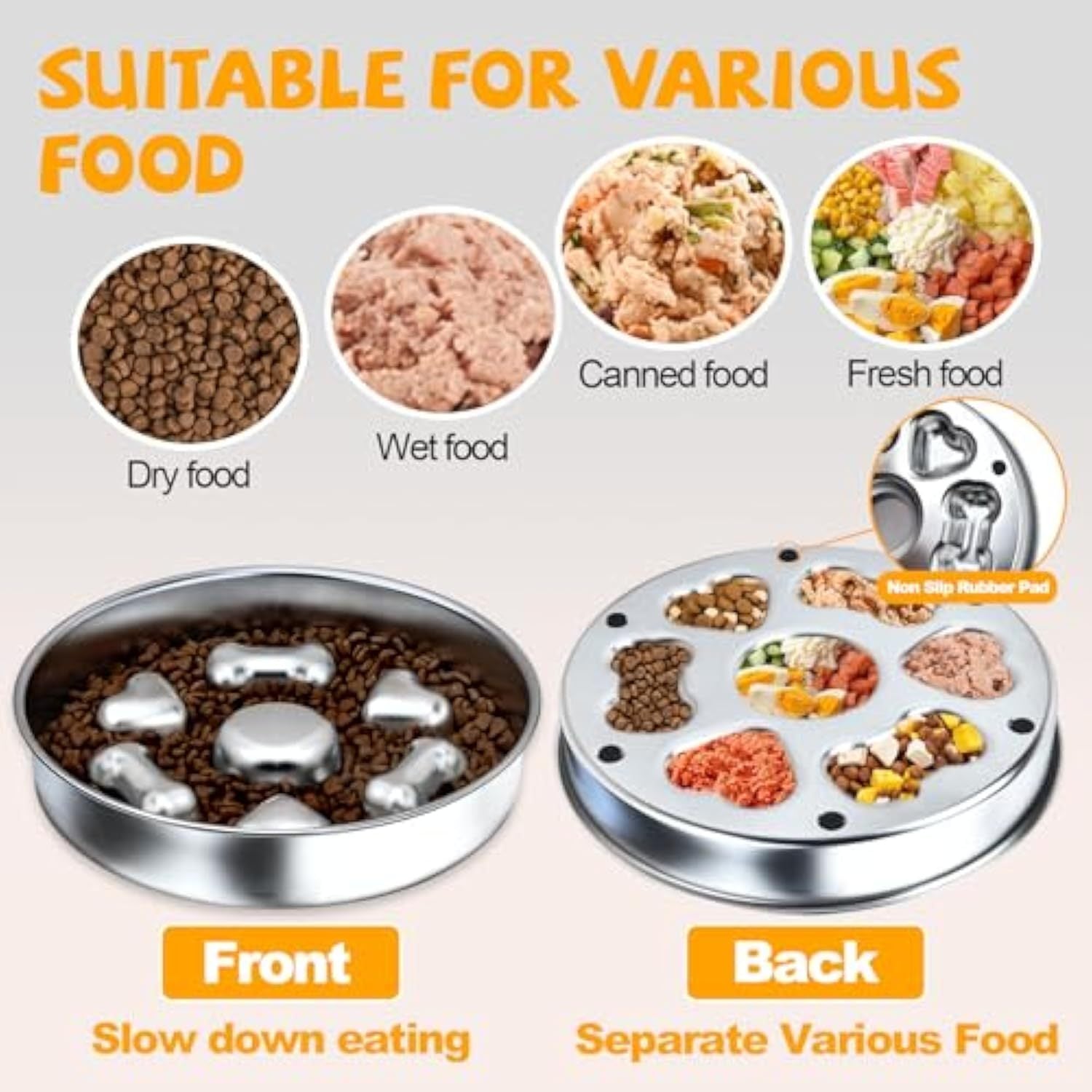 Stainless Steel Slow Feeder Dog Bowl - Non-Slip Food Bowl with Heart & Bone Design