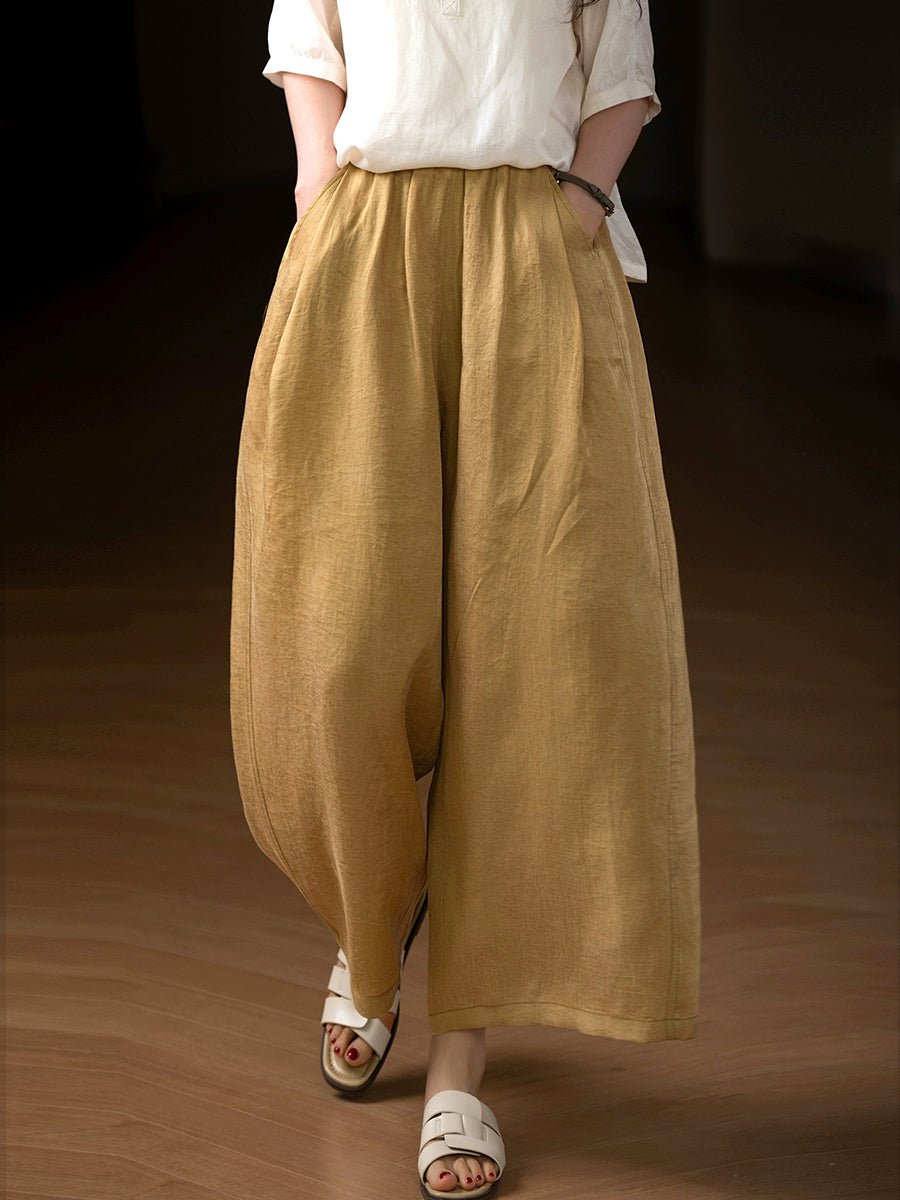 Women Summer Pure Color 100%Linen Wide-leg Cropped Pants