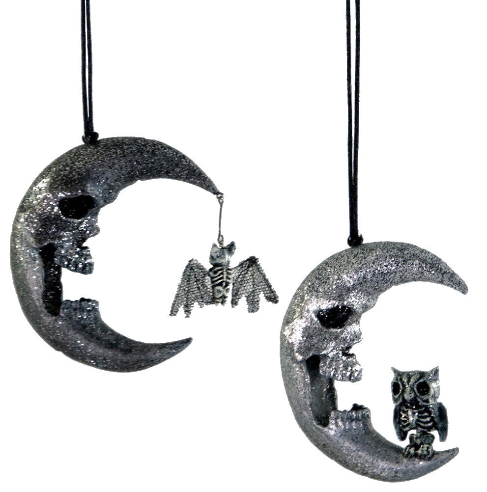 Glittered Skull Moon Ornaments