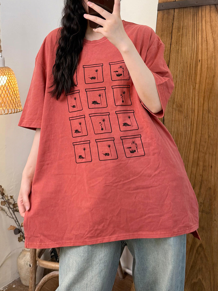 Women Summer Casual Cotton Print O-Neck Shirt