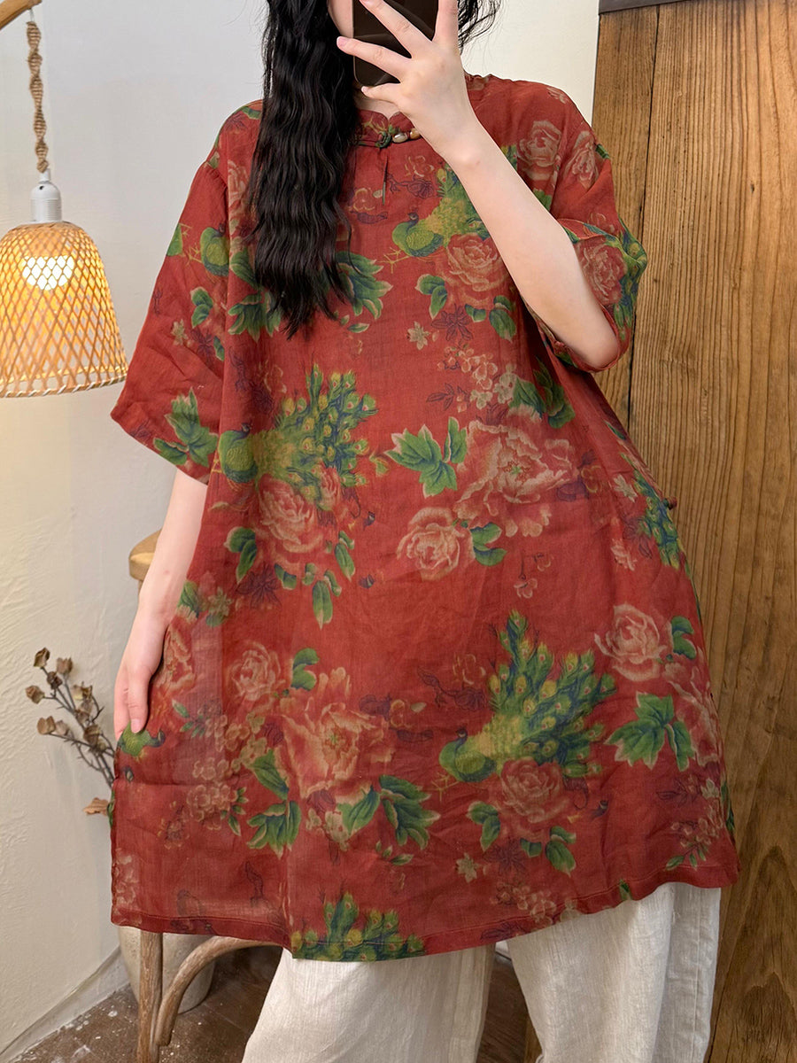 Women Summer Retro Flower Ramie Stand Collar Long Shirt