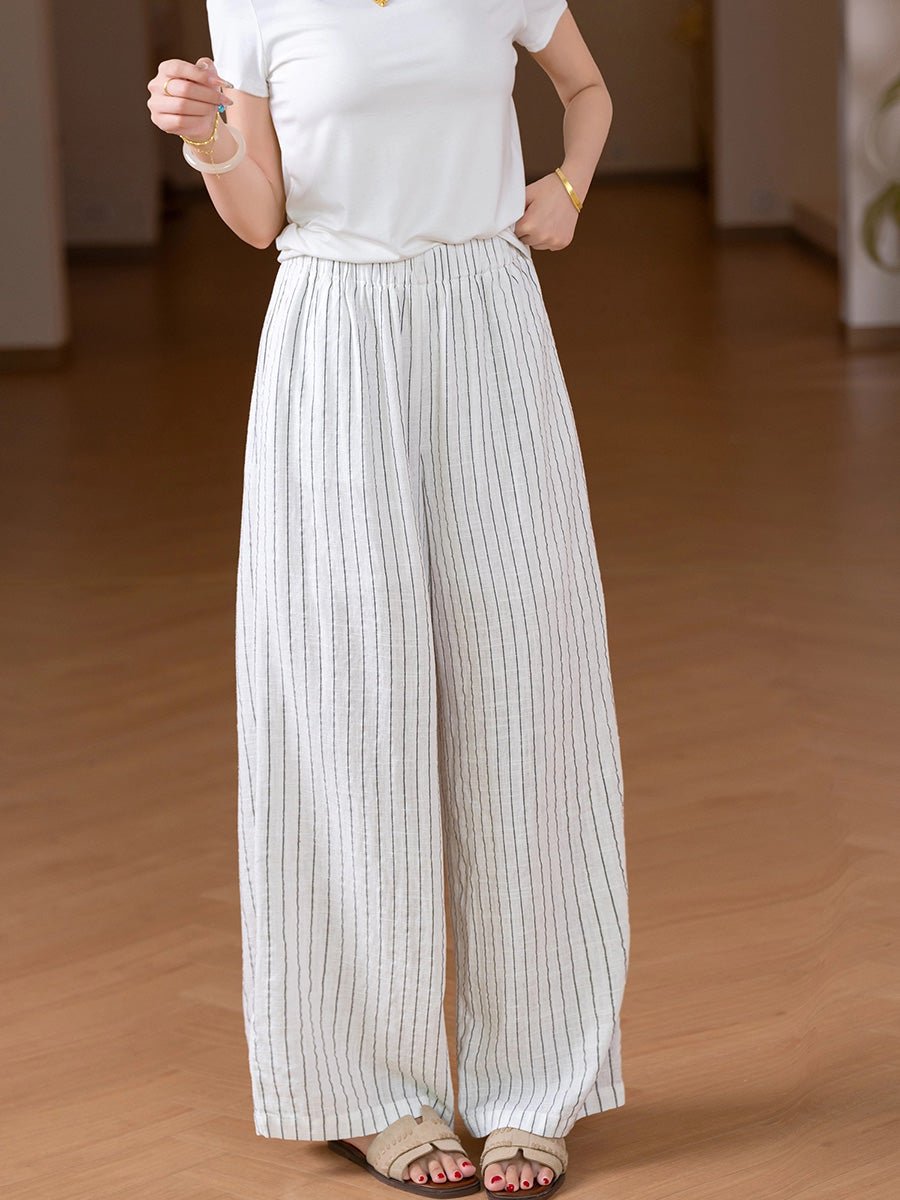 Women Summer Stripe Cotton Linen Straight Pants