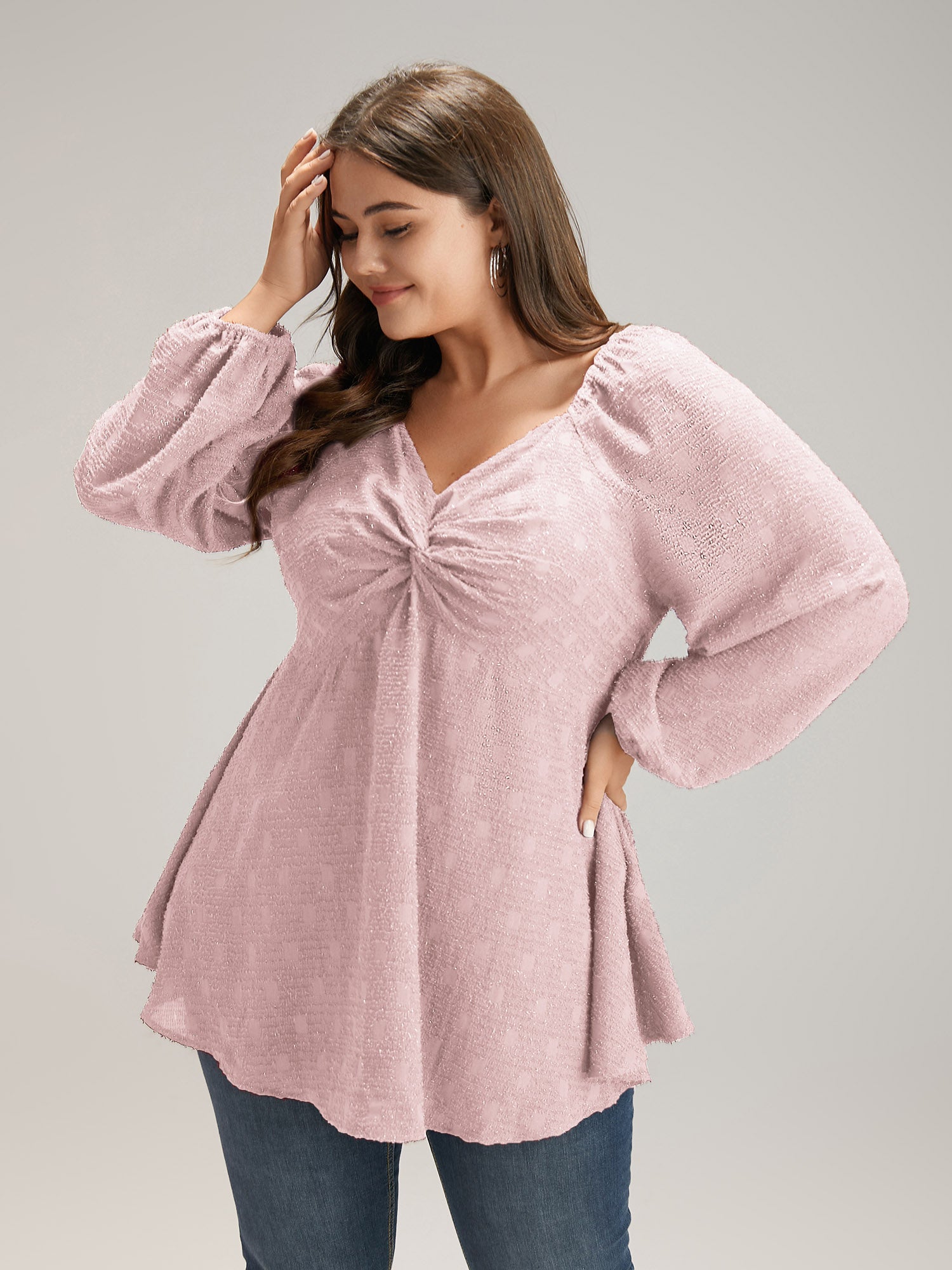 Solid Glitter Twist Front Gathered Blouse
