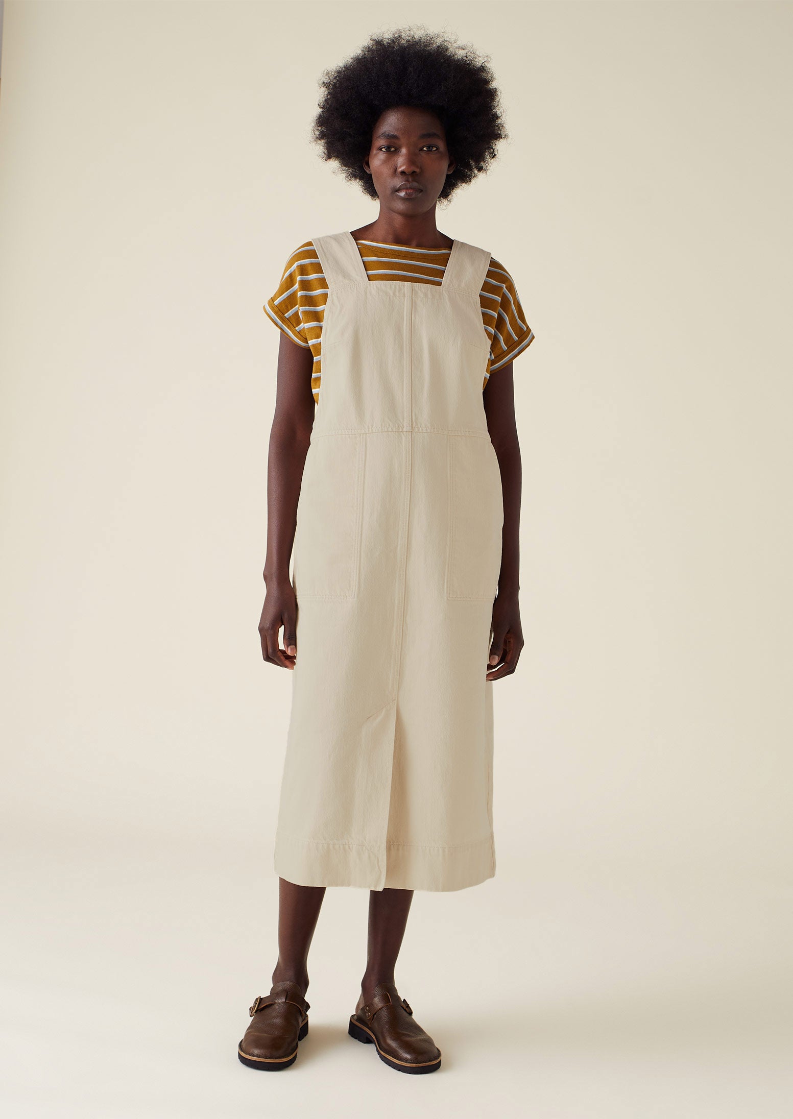 Side Button Organic Denim Pinafore Dress | Pastel Parchment