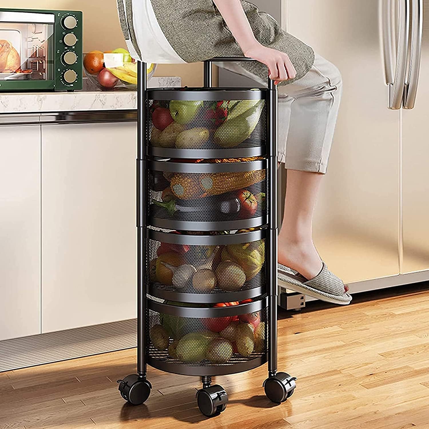 4 Layer Round Shelf. Rotatable  Vegetable Rack with Wheels