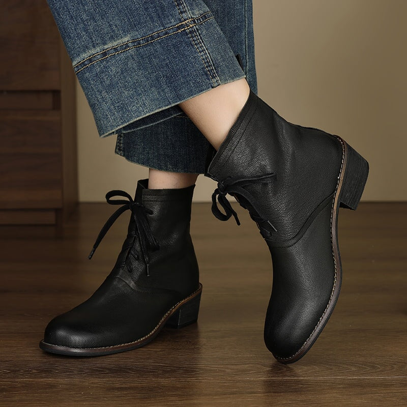 Retro Sheepskin Lace-Up Ankle Boots 40mm Block Heel Martens Boots Grey/Black/Encore Red