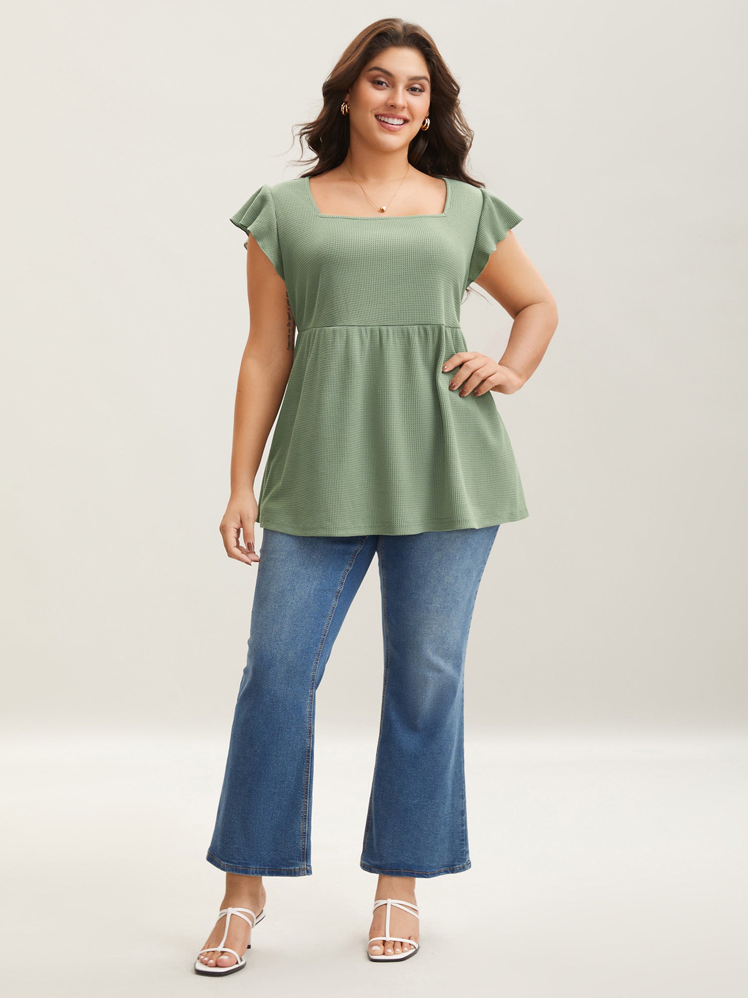 Waffle Flutter Sleeve Stretchy Plain Top