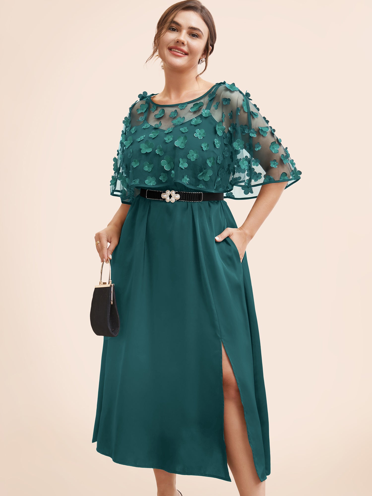 Appliques Mesh Split Hem Dolman Sleeve Dress