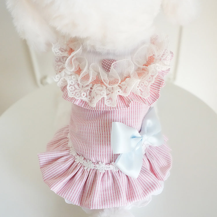 Sweet Lace Collar Striped Bow Dog Cat Dress