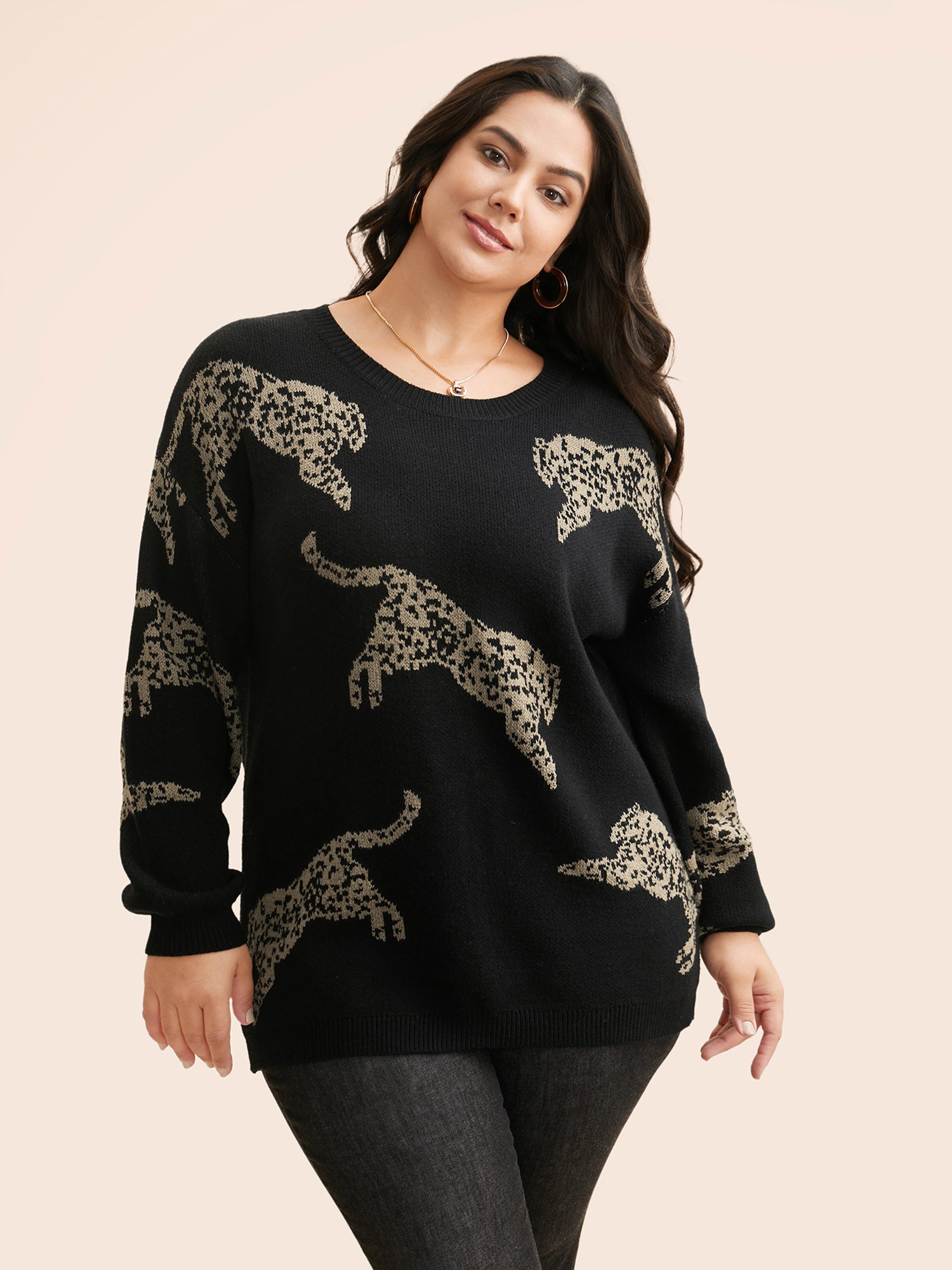 Animal Jacquard Drop Shoulder Sleeve Pullover