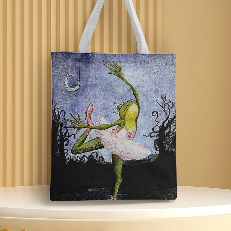 Women's Canvas Cartoon Frog Basic Classic Style Square Open Canvas Bag