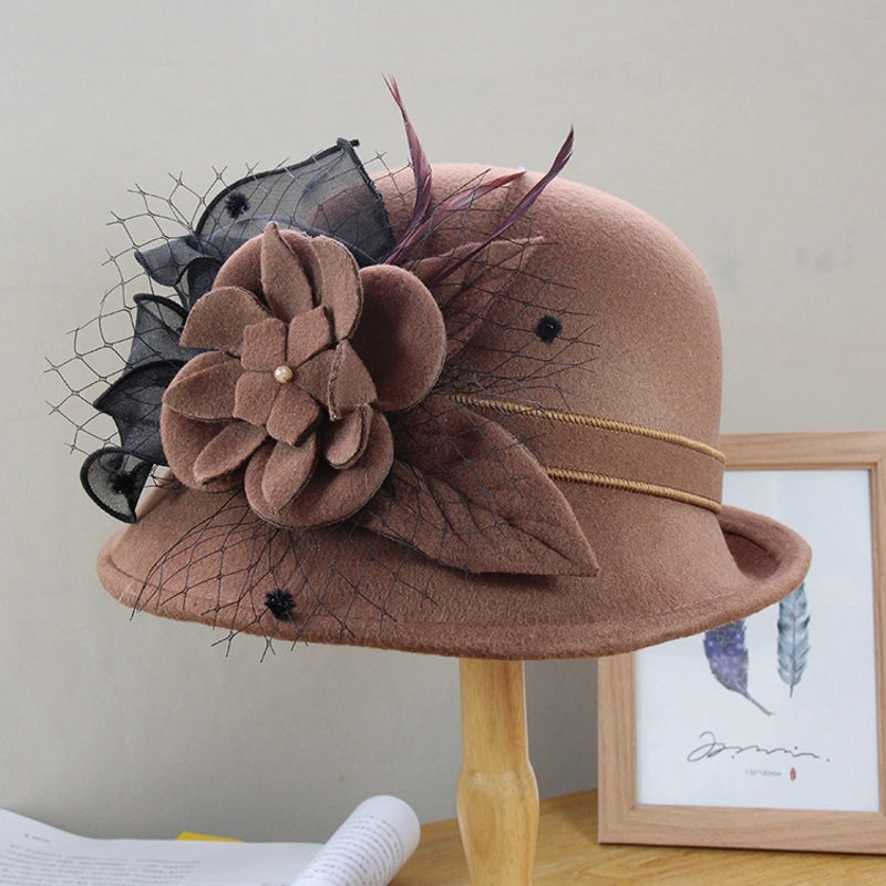 Autumn And Winter  Elegant Mesh Flower Felt Hat Women's Outdoor Warm Woolen Basin Hat Curled Top Hat