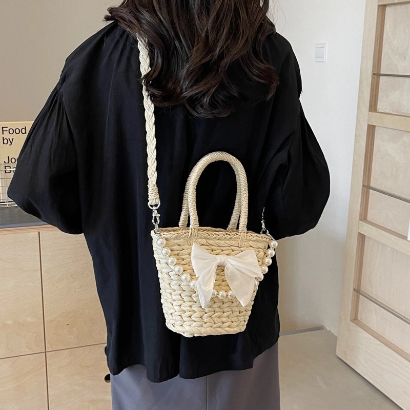 Women's Straw Solid Color Bow Knot Beach Weave Sewing Thread String Handbag Crossbody Bag Bucket Bag