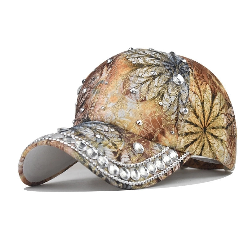 Women's Elegant Pastoral Flower Rhinestone Curved Eaves Baseball Cap