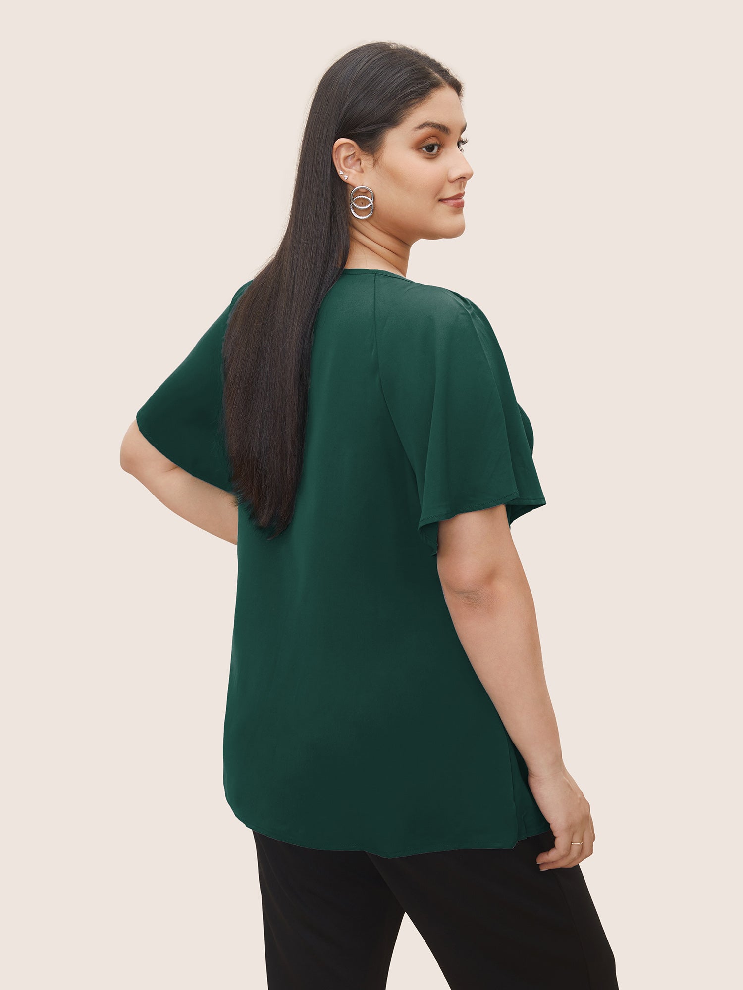 Plain Keyhole Knotted Front Ruffle Sleeve Blouse
